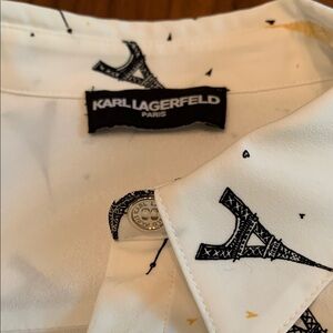 Karl Lagerfeld White Button Up Blouse with Black Eiffel Tower Pattern Size M